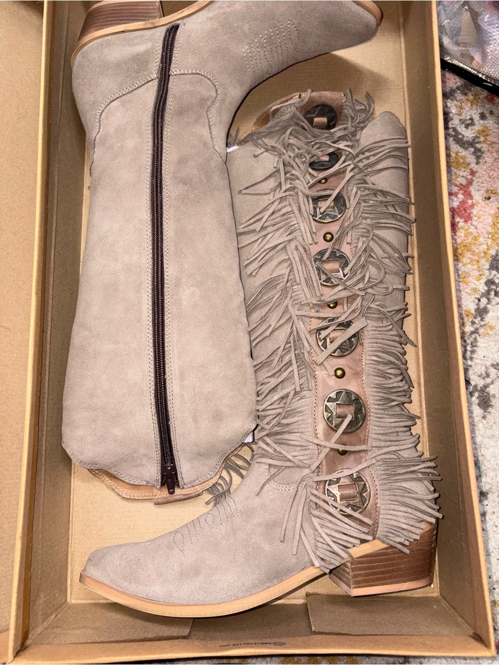 NIB NAUGHTY MONKEY RODEO DOLL TAUPE COWGIRL BOOTS Taupe Fringe TRIM - Picture 5 of 8